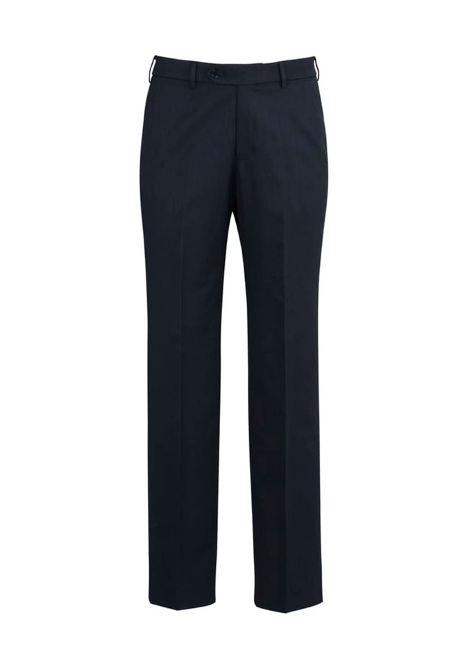 A pair of navy flat front pants for men, featuring a classic design and a waistband with a logo.