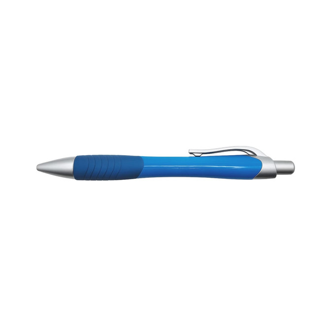 A blue pen with a silver tip and clip, featuring a textured grip for comfort.