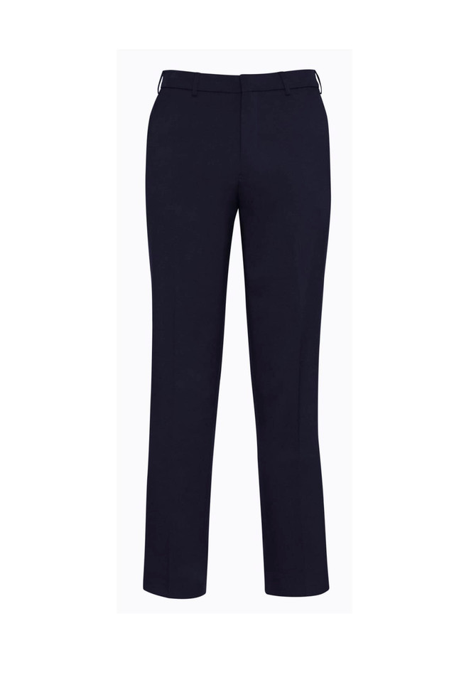 A pair of slimline slacks in navy with a fitted design and a branded logo.