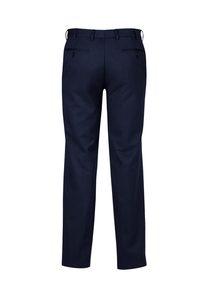 Navy men's slacks featuring a cool stretch fabric and an adjustable waist. Includes pockets and has branding.
