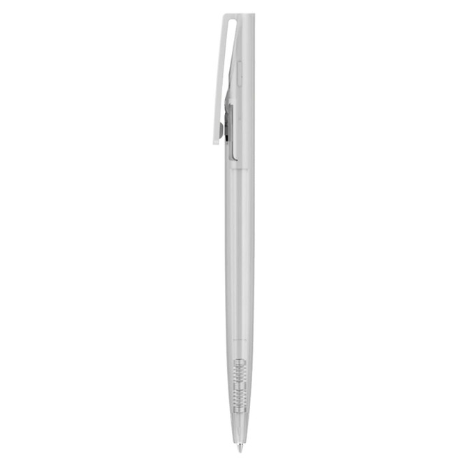 A plastic pen in a sleek design, featuring a pale grey colour and a clip, with a branding logo present.