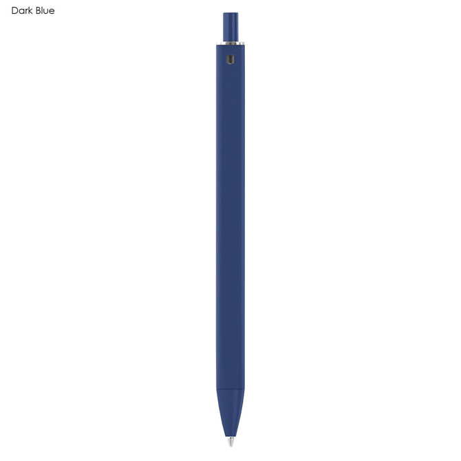 A dark blue plastic pen featuring a sleek design and a branding logo.