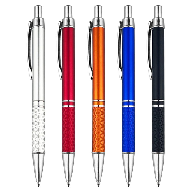 A collection of plastic pens in silver, red, orange, blue, and black with metallic accents and a textured grip.