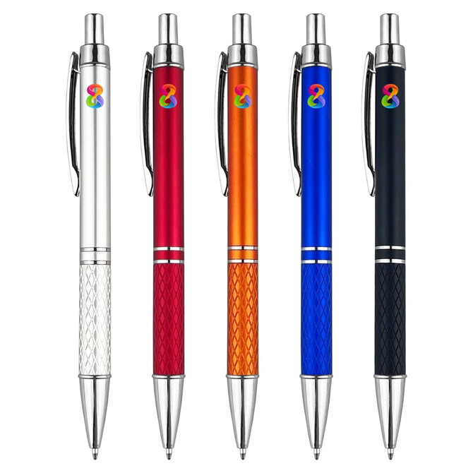 A selection of five plastic pens in silver, red, orange, blue, and black with a logo on each.