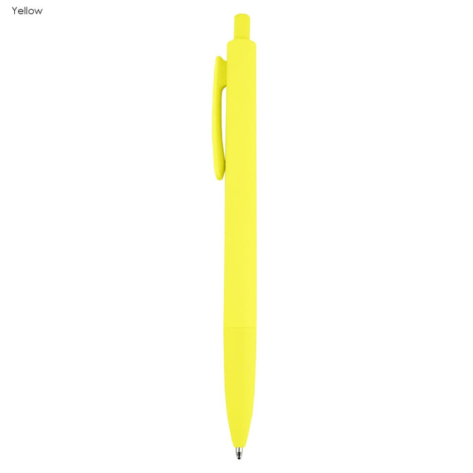 A yellow plastic pen with a smooth design and a clip. The pen features a logo on its body.