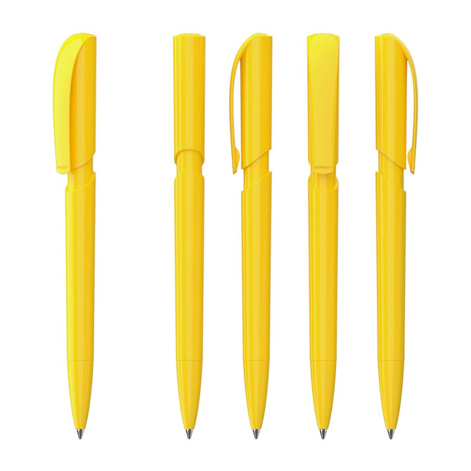 Five yellow plastic pens with a glossy finish, featuring a clip on the cap and a smooth barrel design.