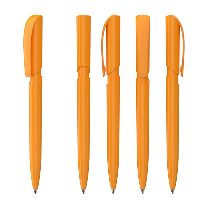 Five push-action plastic pens in a vibrant orange hue, featuring a sleek design and clips for convenience.