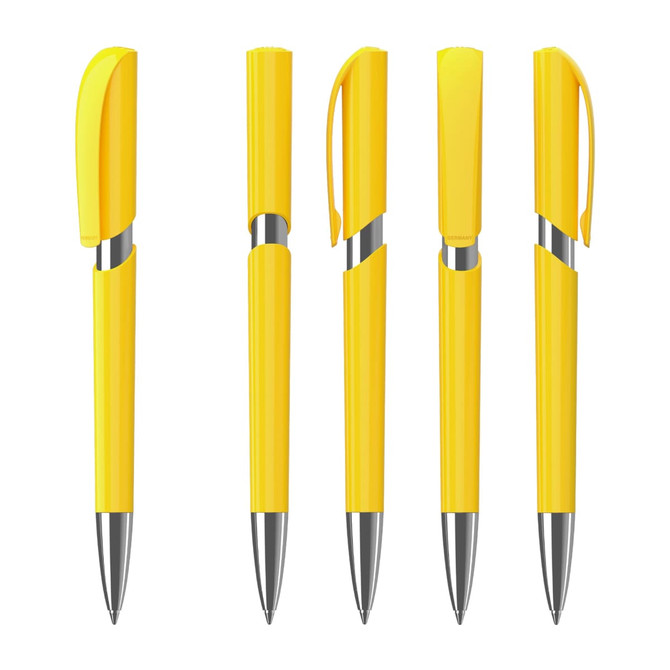 A collection of bright yellow plastic pens with shiny silver accents and clip features. Each pen has a sleek design.