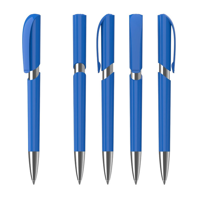 A collection of blue plastic pens with silver accents, showcasing different angles and styles, including caps and clips.