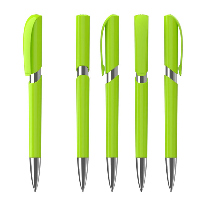 A collection of five green plastic pens with shiny silver accents and varying cap positions, featuring a logo.