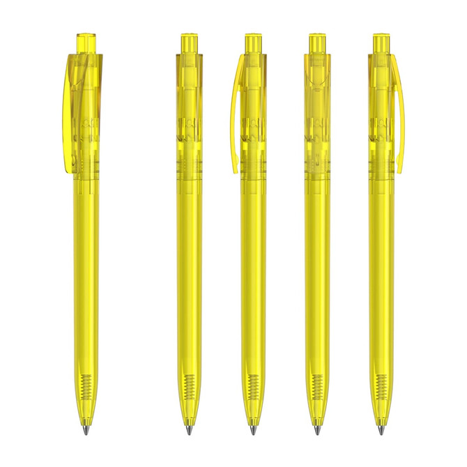A collection of yellow transparent plastic pens displayed in a row, featuring a clip and a logo on each pen.