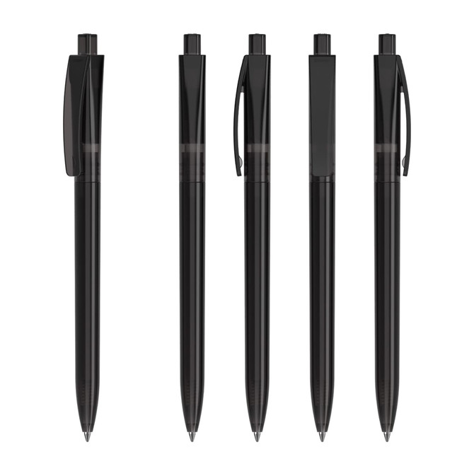 A set of five black plastic pens with a transparent section and clip, each displaying a sleek design.