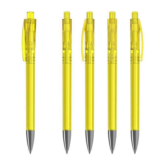Five transparent yellow plastic pens with grey tips are arranged in a row, each featuring a clip and a cap.