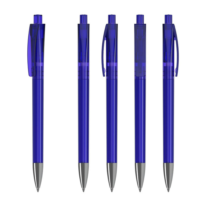 A set of transparent blue plastic pens with silver tips, featuring click mechanisms and distinctive branding.