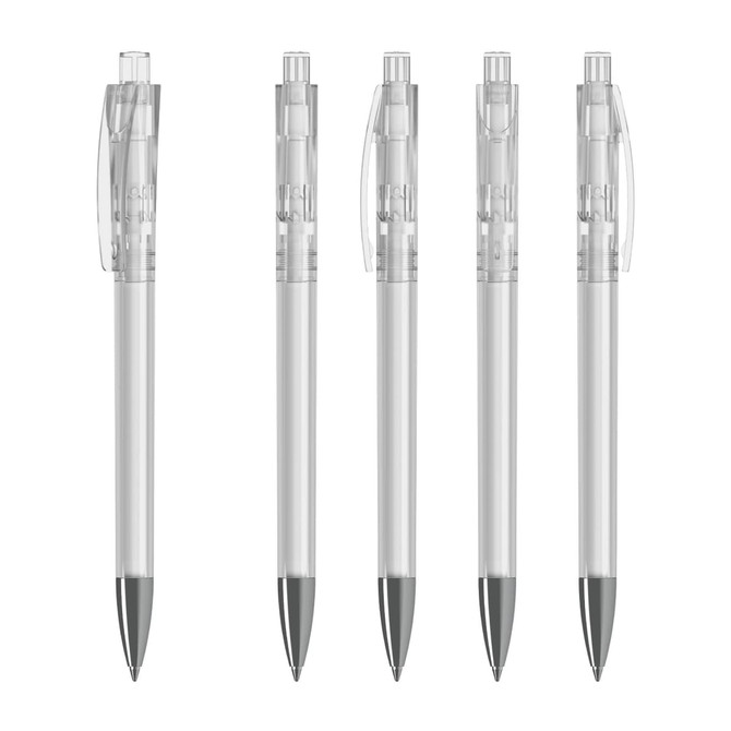 Five transparent plastic pens with grey tips, featuring clear barrels and caps. They also have a logo.