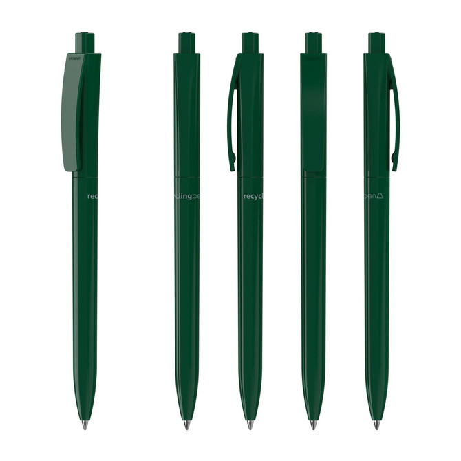 Five green plastic pens arranged in a row, each featuring a clip and a logo.