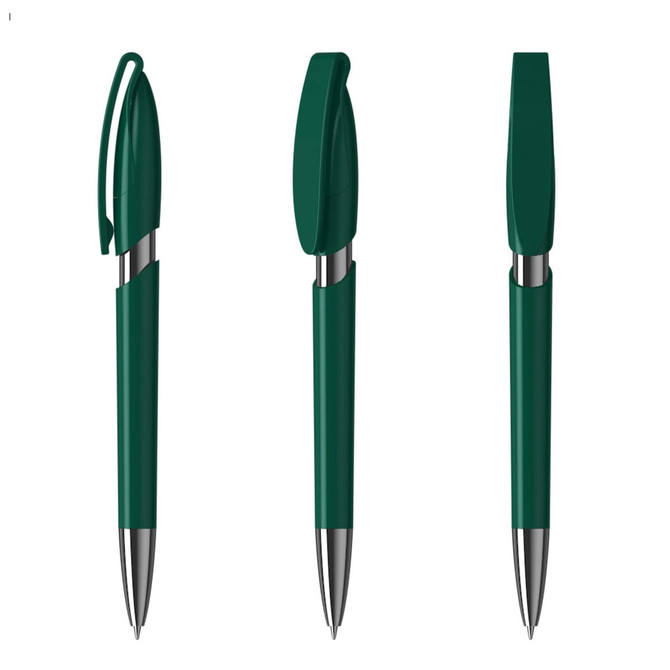 A green plastic pen with a silver tip and a retractable design, featuring a clip and a smooth grip.