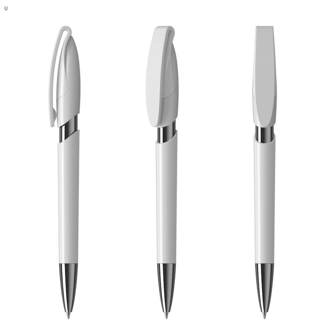A set of three white plastic pens with a shiny silver clip and tip, featuring a sleek design and a logo.