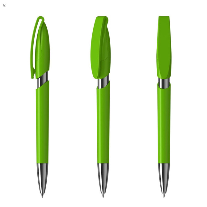 A plastic pen in bright green, featuring a click mechanism and silver accents. The pen has a branding logo.