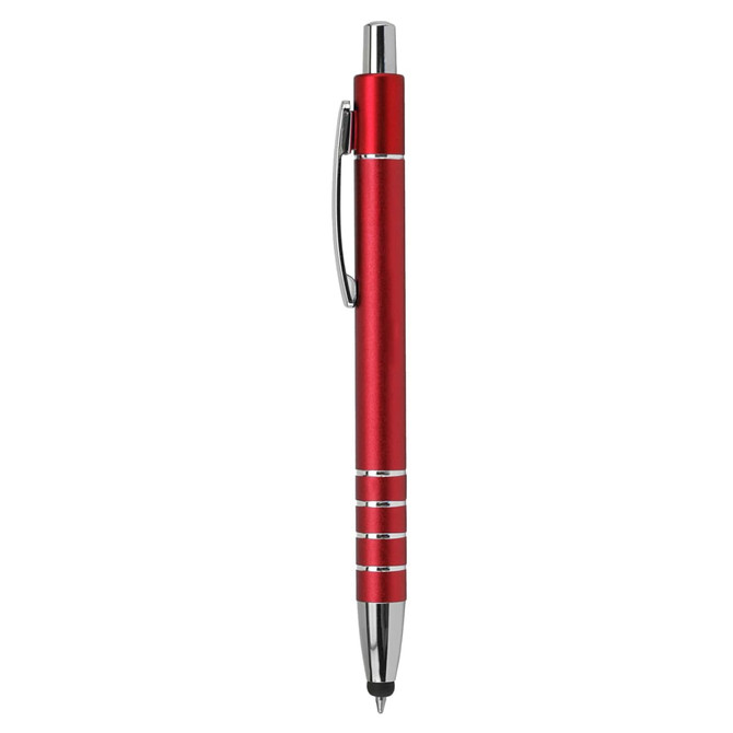 A red metal stylus pen with chrome accents and a clip. The pen features a sleek, modern design.