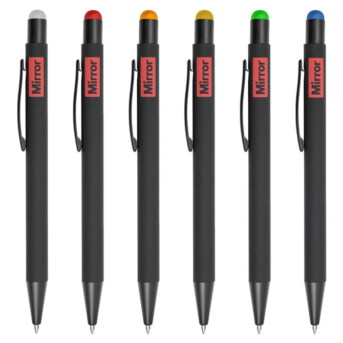 A collection of six stylus pens in black with caps in red, orange, yellow, green, and grey, featuring a logo.