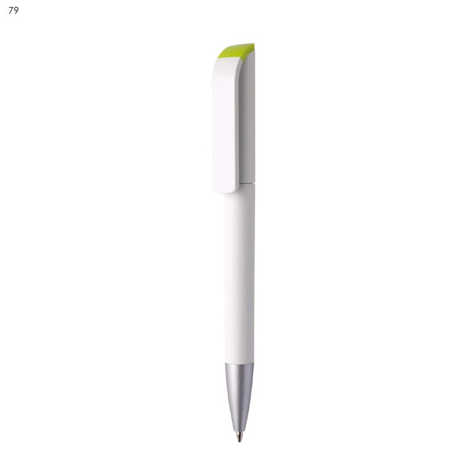 A plastic pen in white with a green clip and a silver tip, featuring a logo.