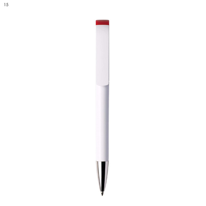 A plastic pen in white with a red top and a shiny silver tip, featuring a branding logo.
