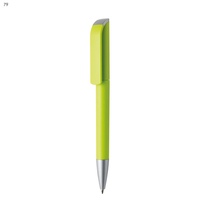 A plastic pen in bright lime green with a silver clip and tip. It features a logo on the body.