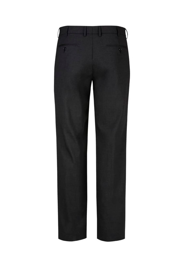 A pair of men's flat front pants in dark grey, featuring a smooth back design and two rear pockets.