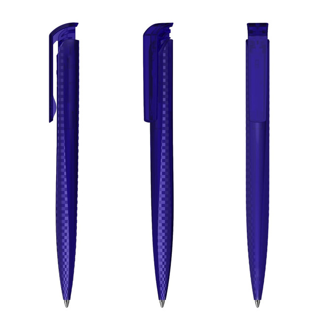 A collection of three transparent purple plastic pens with clips and sleek designs. Each has a distinct angle.
