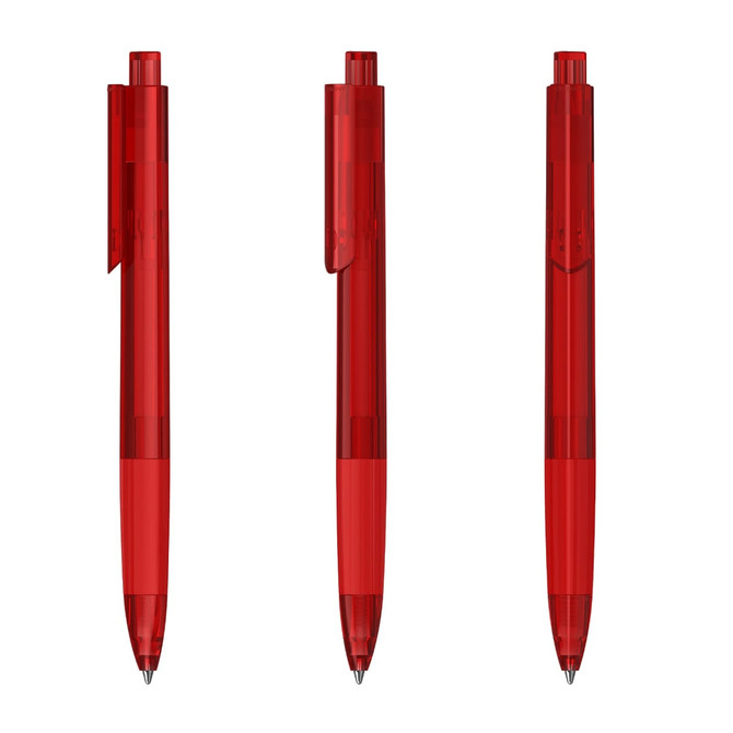 A set of three transparent red plastic pens with clips and a simple design, featuring branding on each.