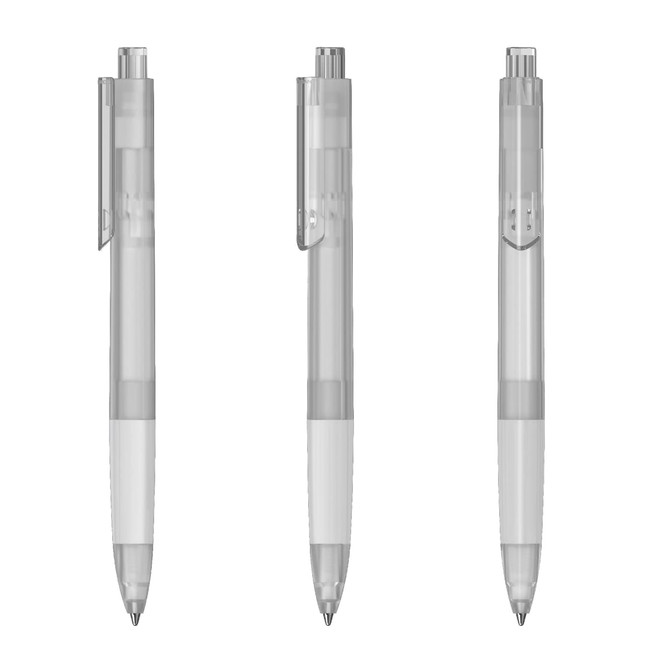 A transparent plastic pen in three orientations, featuring a clear barrel and white grip. It includes a branding logo.