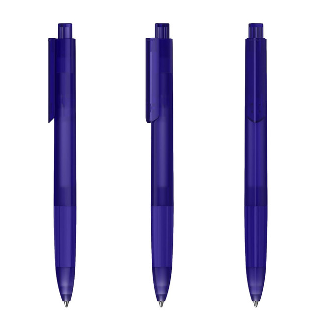 A set of three transparent blue plastic pens with clips and a slight grip feature. Each pen has a distinct position.
