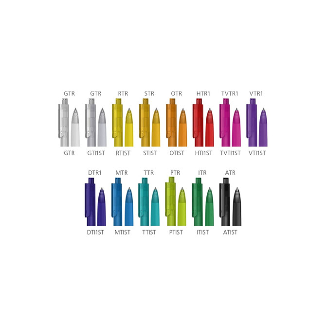 A selection of plastic pens in various colours, including transparent and bright shades, featuring different designs.