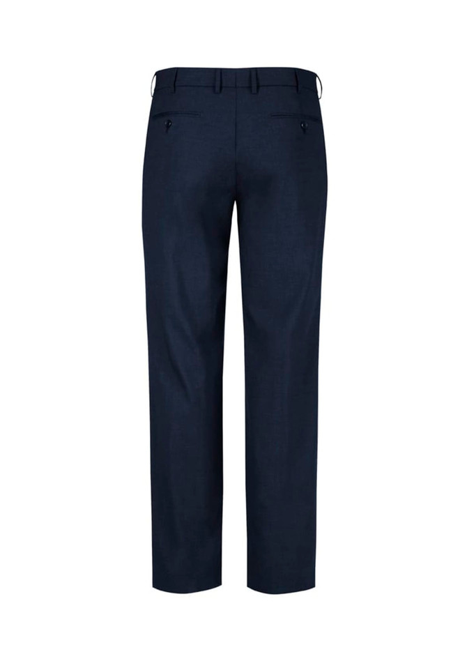 A pair of navy men's comfort wool stretch adjustable waist pants, featuring a tailored back and pockets.