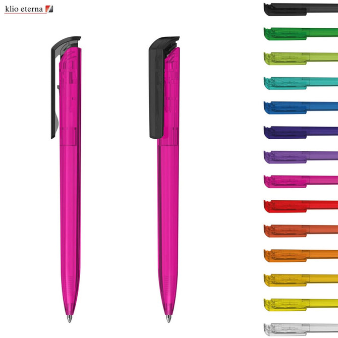 A collection of plastic pens in various colours, including pink, with a black cap and a logo on one pen.