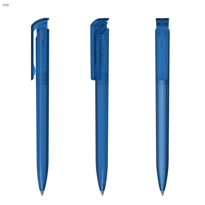 A transparent blue plastic pen displayed from three angles, featuring a simple design and a clip.