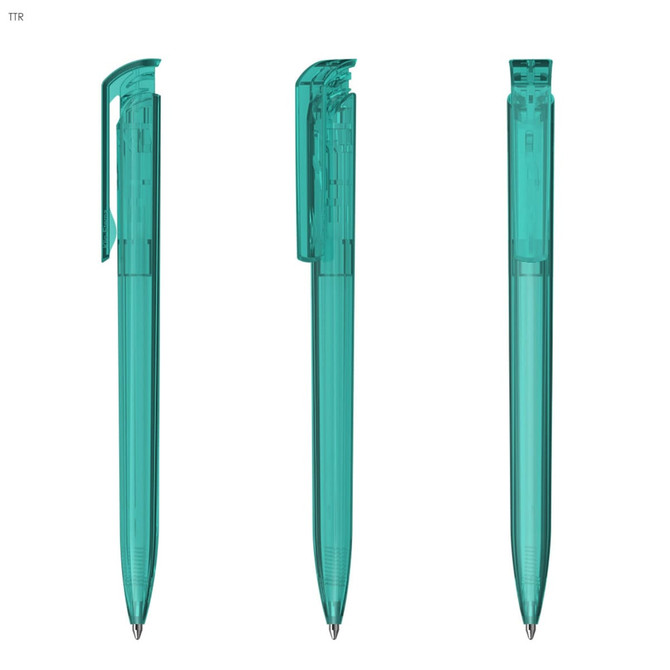 A transparent green plastic pen with a clip, featuring a sleek design and visible internal mechanism.