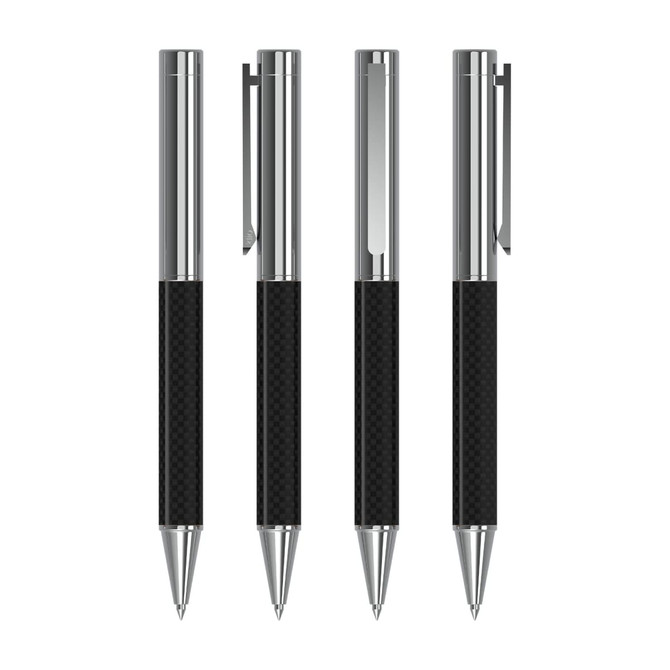 A set of metallic pens featuring a sleek black carbon grip and shiny chrome accents, arranged in a row.