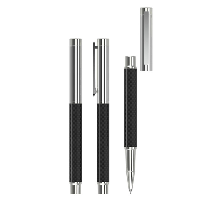 A metal rollerball pen featuring a black carbon body and chrome accents. Includes a removable cap and clip.