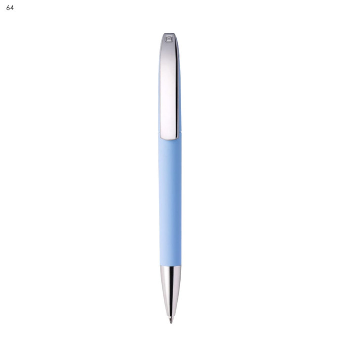 A metal pen with a light blue body and chrome accents, featuring a logo on the clip.