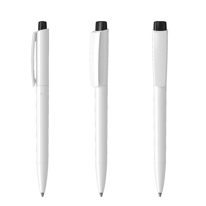 A set of white plastic pens featuring a sleek design and black accents. Includes a logo on one pen.