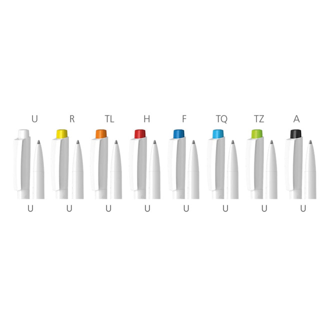 A row of plastic pens in various colours including yellow, orange, red, blue, green, and black, with white bodies and branding.