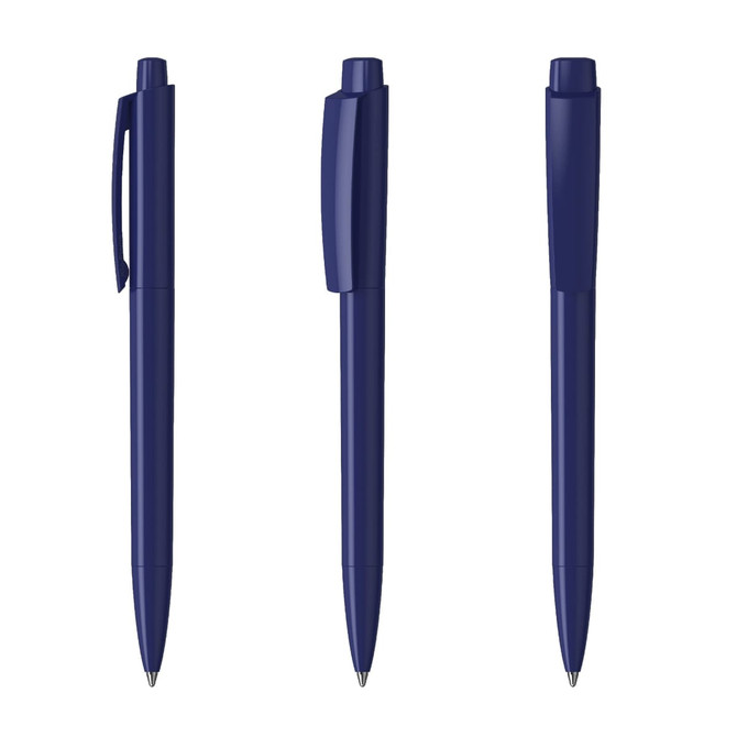 A set of navy blue plastic pens displayed from multiple angles, each featuring a clip and smooth barrel.
