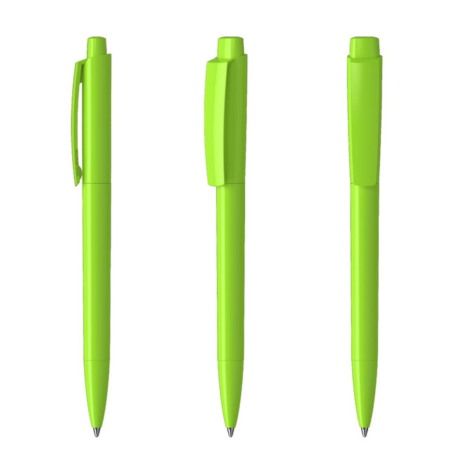 A set of three high gloss plastic pens in bright green, featuring a clip and a smooth finish.
