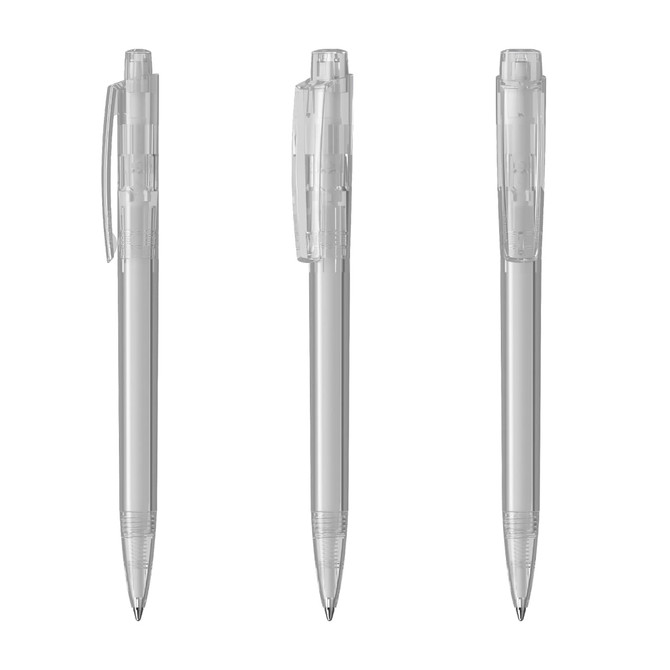Three transparent plastic pens with a sleek design, featuring varying angles and a subtle silver clip.