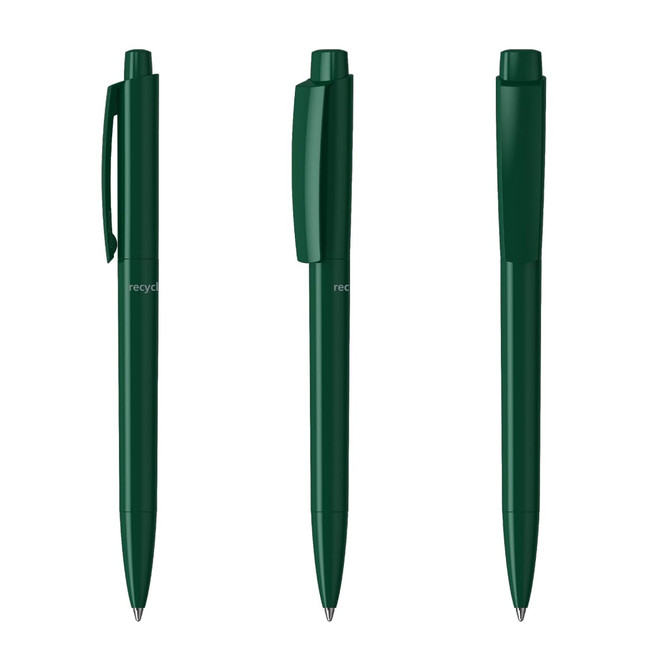 Three dark green plastic pens in various positions. Each pen features a clip and a smooth finish, along with a logo.