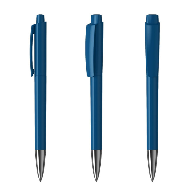A set of three blue metal pens with different designs and a shiny finish; each pen includes a clip and a smooth tip.
