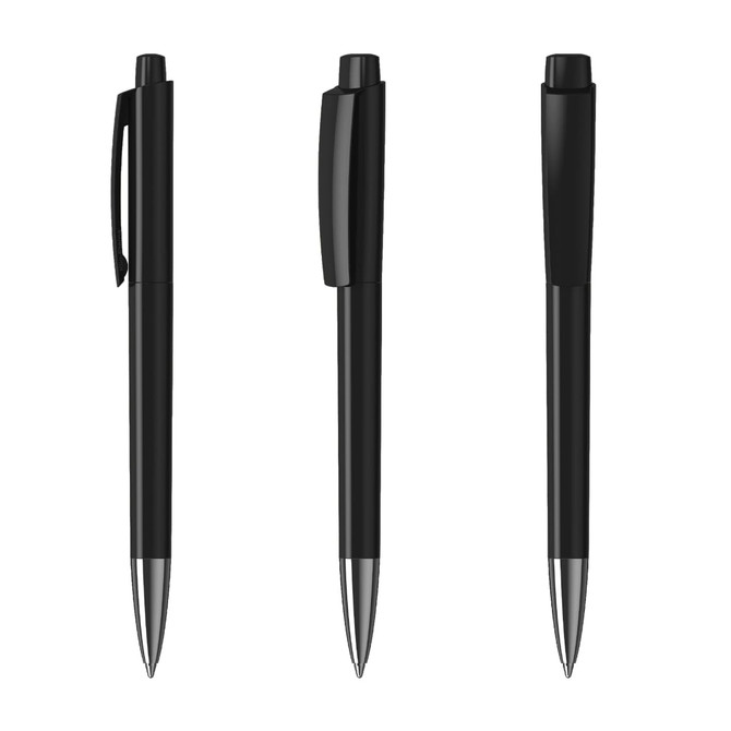 A set of three black metal pens with shiny finishes and click mechanisms. Each pen has a unique design.