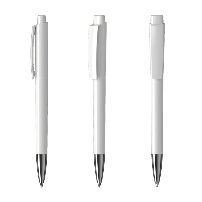 A set of three sleek white metal pens with chrome accents, featuring various angles and a branding logo.